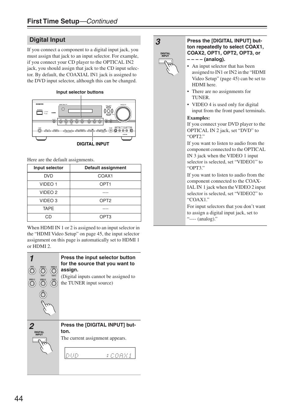 First time setup —continued, Digital input | Onkyo TX-SR674/674E User Manual | Page 44 / 92