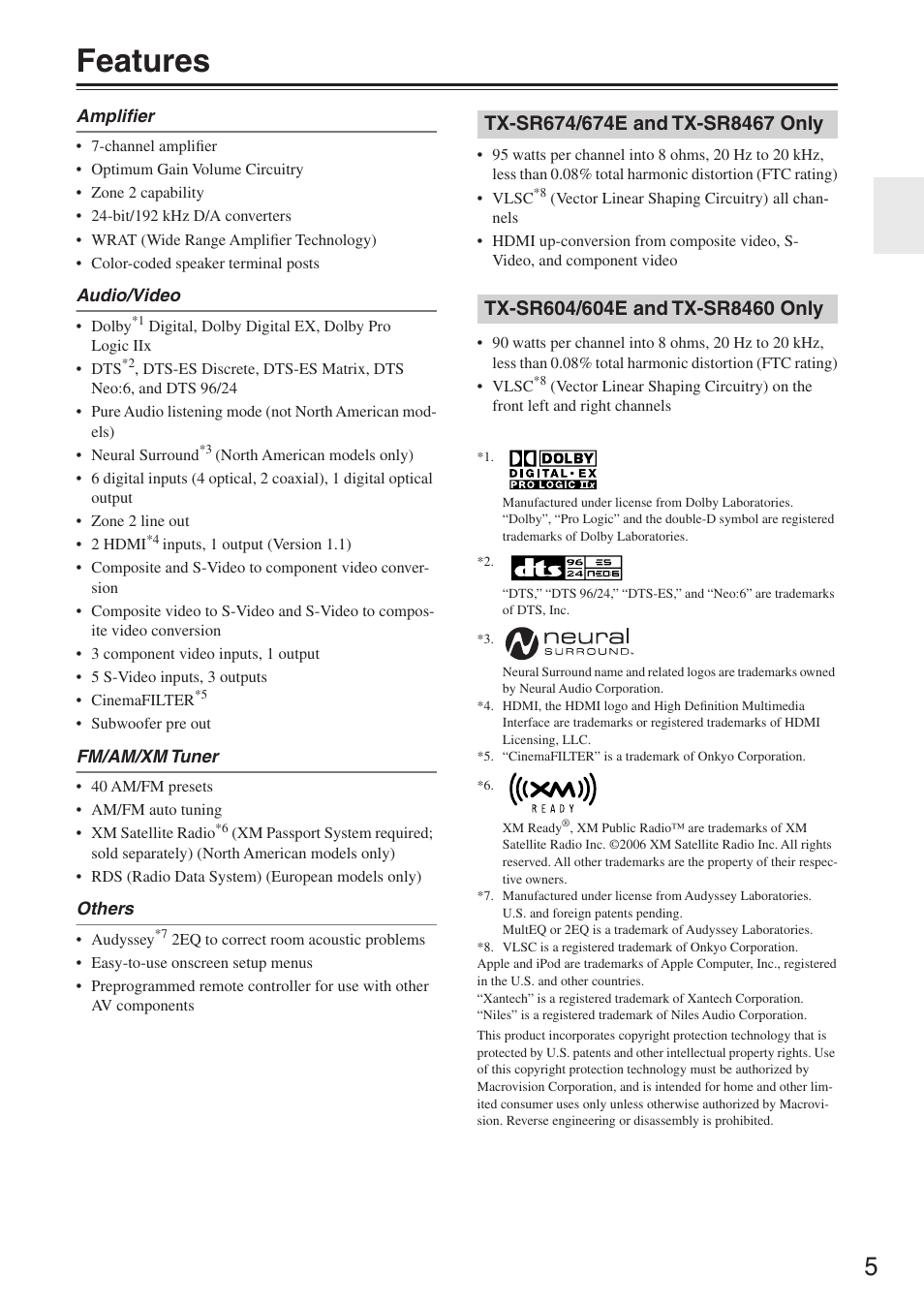 Features | Onkyo TX-SR674/674E User Manual | Page 5 / 92