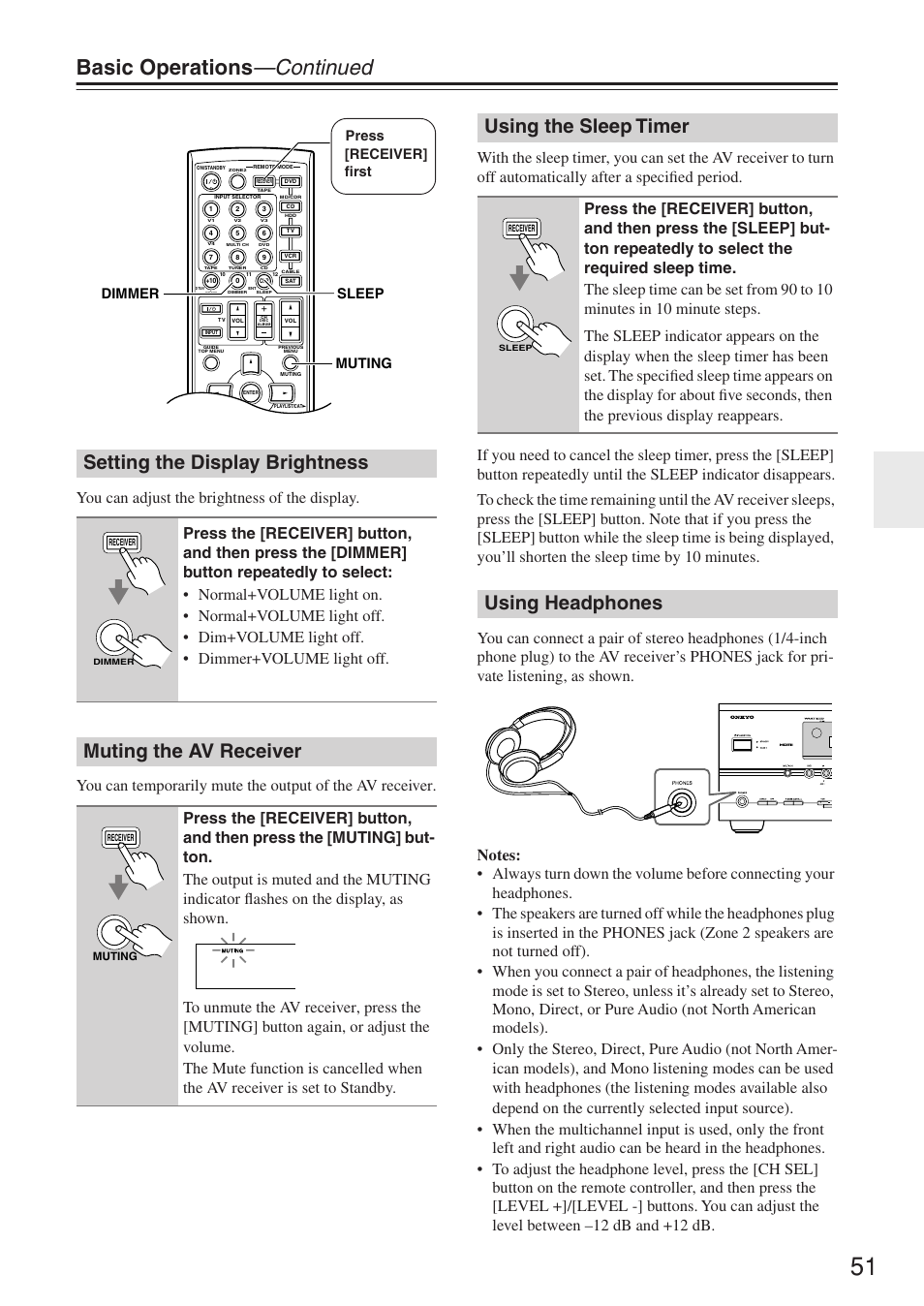 Basic operations —continued, Setting the display brightness, Muting the av receiver | Using the sleep timer, Using headphones, Dimmer sleep muting press [receiver] first | Onkyo TX-SR674/674E User Manual | Page 51 / 92