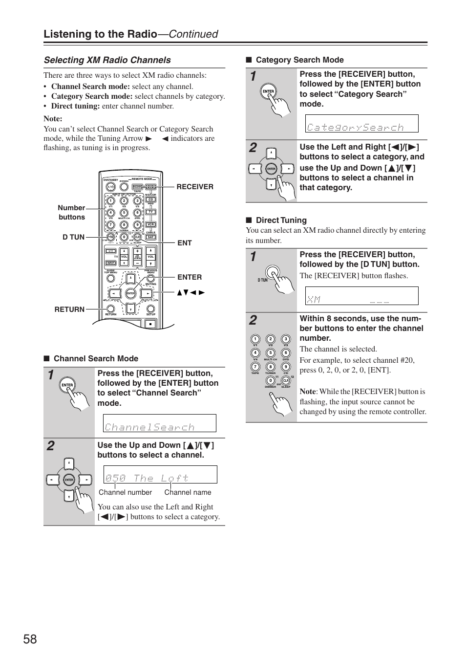 Listening to the radio —continued, Selecting xm radio channels, Return enter d tun receiver | Ent number buttons channel name channel number | Onkyo TX-SR674/674E User Manual | Page 58 / 92