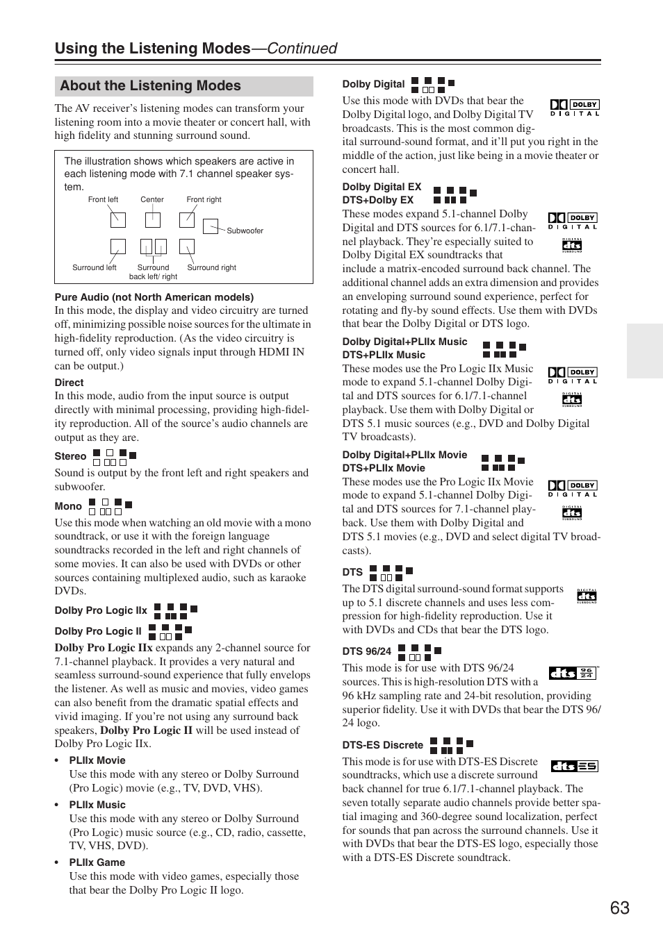Using the listening modes —continued, About the listening modes | Onkyo TX-SR674/674E User Manual | Page 63 / 92