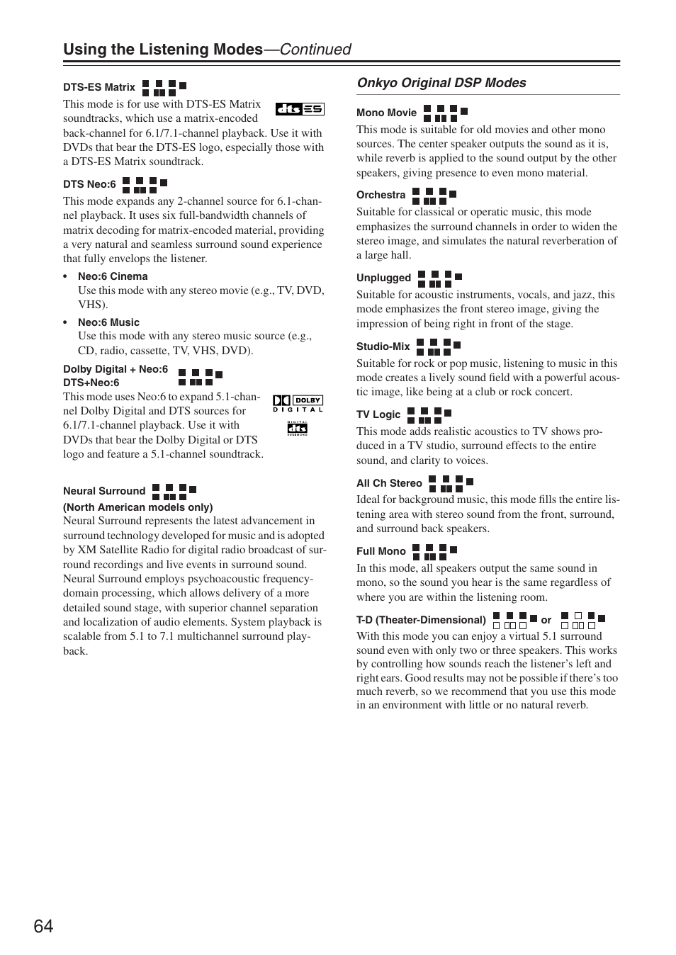 Using the listening modes —continued | Onkyo TX-SR674/674E User Manual | Page 64 / 92