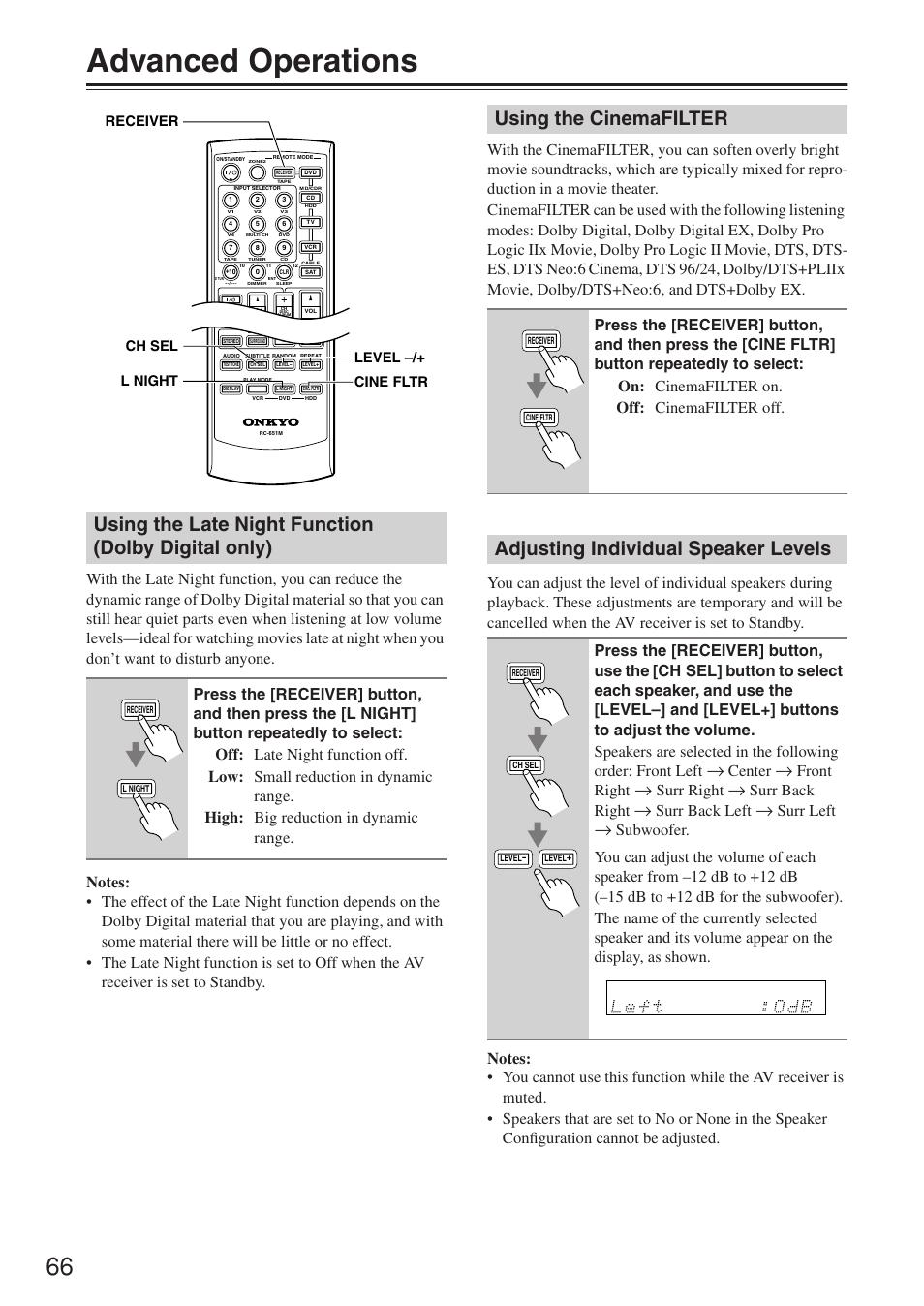 Advanced operations, Using the late night function (dolby digital only), Using the cinemafilter | Adjusting individual speaker levels, Center, Front right, Surr right, Surr back right, Surr back left, Surr left | Onkyo TX-SR674/674E User Manual | Page 66 / 92