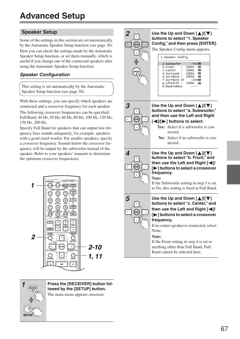 Advanced setup, Speaker setup, Speaker configuration | Onkyo TX-SR674/674E User Manual | Page 67 / 92