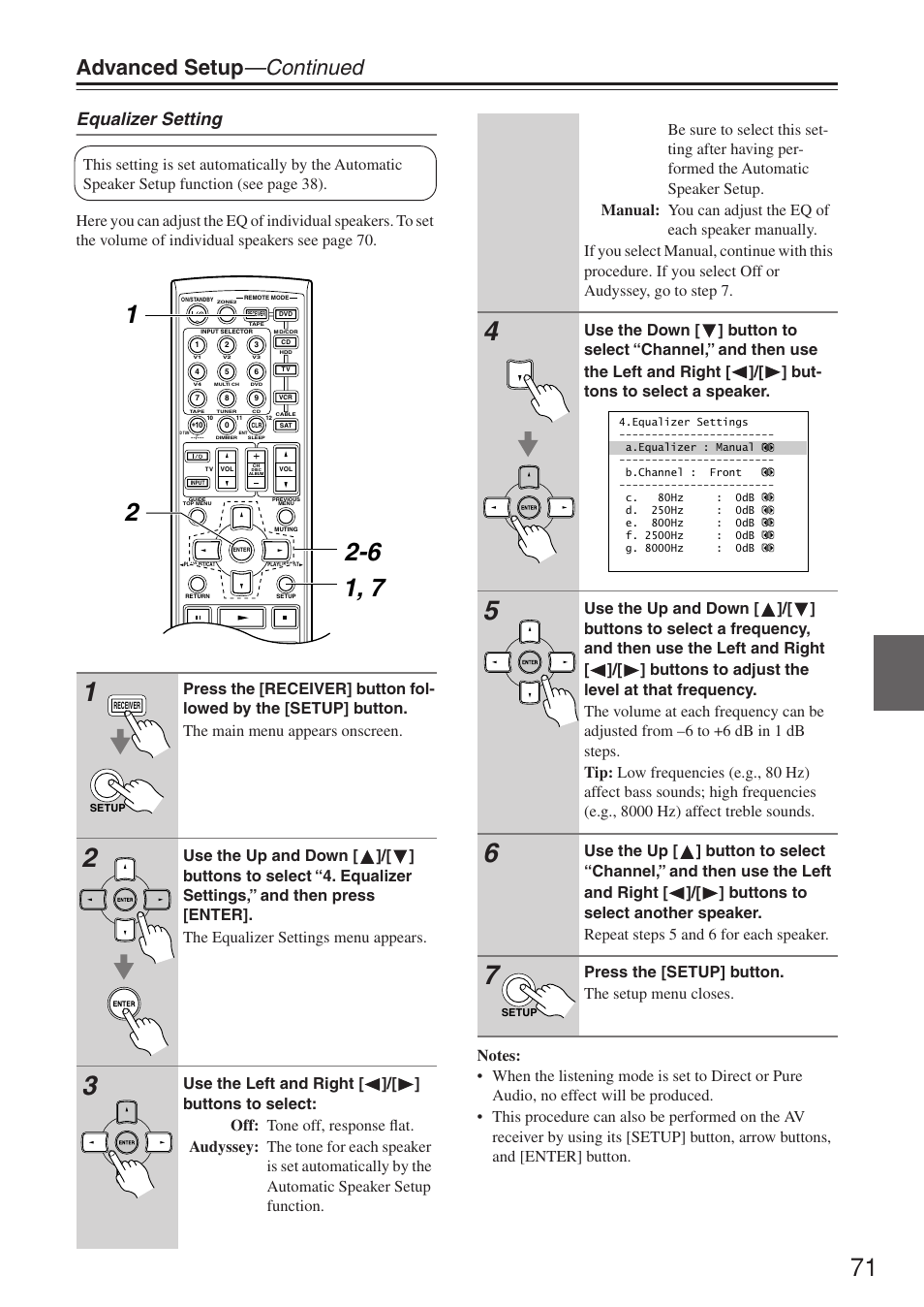 Advanced setup —continued, Equalizer setting, Press the [setup] button. the setup menu closes | Onkyo TX-SR674/674E User Manual | Page 71 / 92