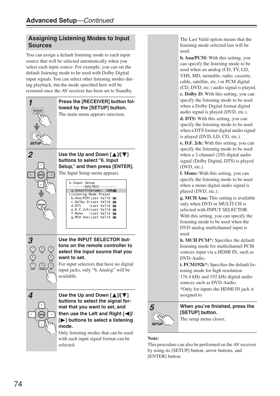 Advanced setup —continued, Assigning listening modes to input sources | Onkyo TX-SR674/674E User Manual | Page 74 / 92