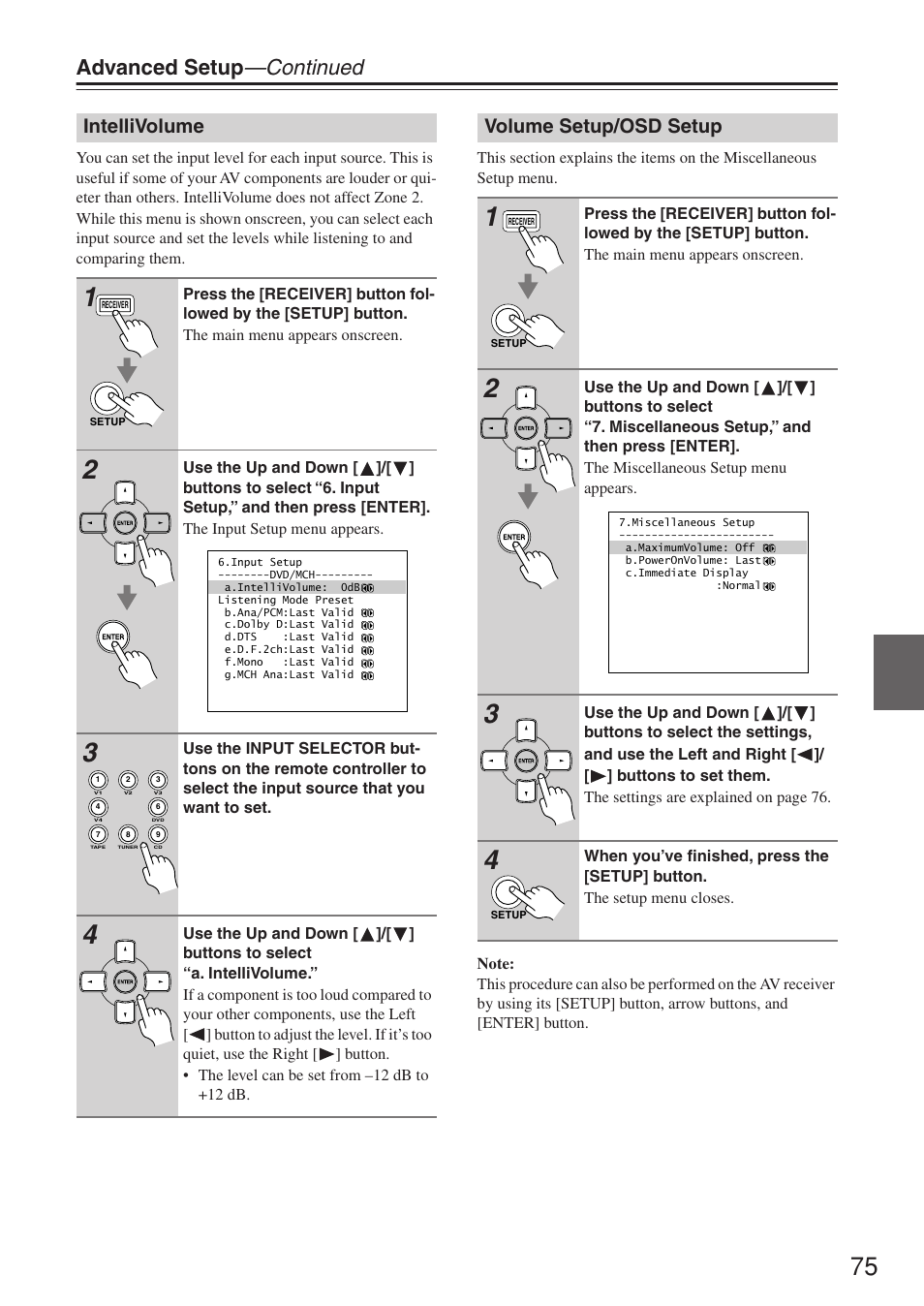 Advanced setup —continued, Intellivolume, Volume setup/osd setup | Onkyo TX-SR674/674E User Manual | Page 75 / 92