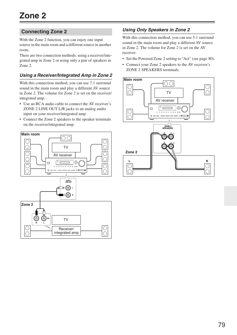 Zone 2, Connecting zone 2, Using a receiver/integrated amp in zone 2 | Using only speakers in zone 2 | Onkyo TX-SR674/674E User Manual | Page 79 / 92