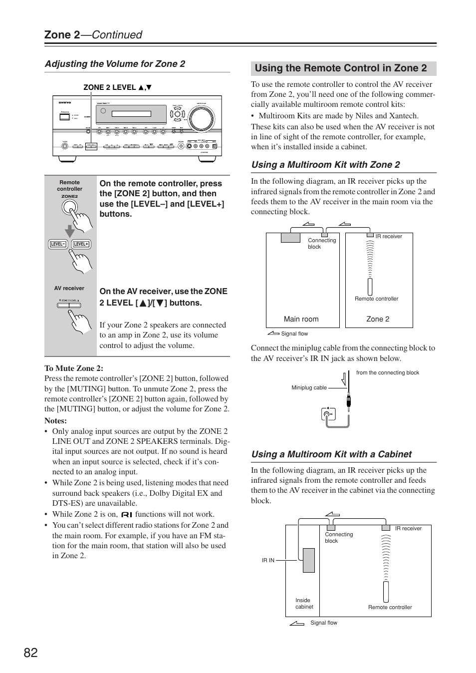 Zone 2 —continued, Using the remote control in zone 2, Adjusting the volume for zone 2 | Using a multiroom kit with zone 2, Using a multiroom kit with a cabinet | Onkyo TX-SR674/674E User Manual | Page 82 / 92