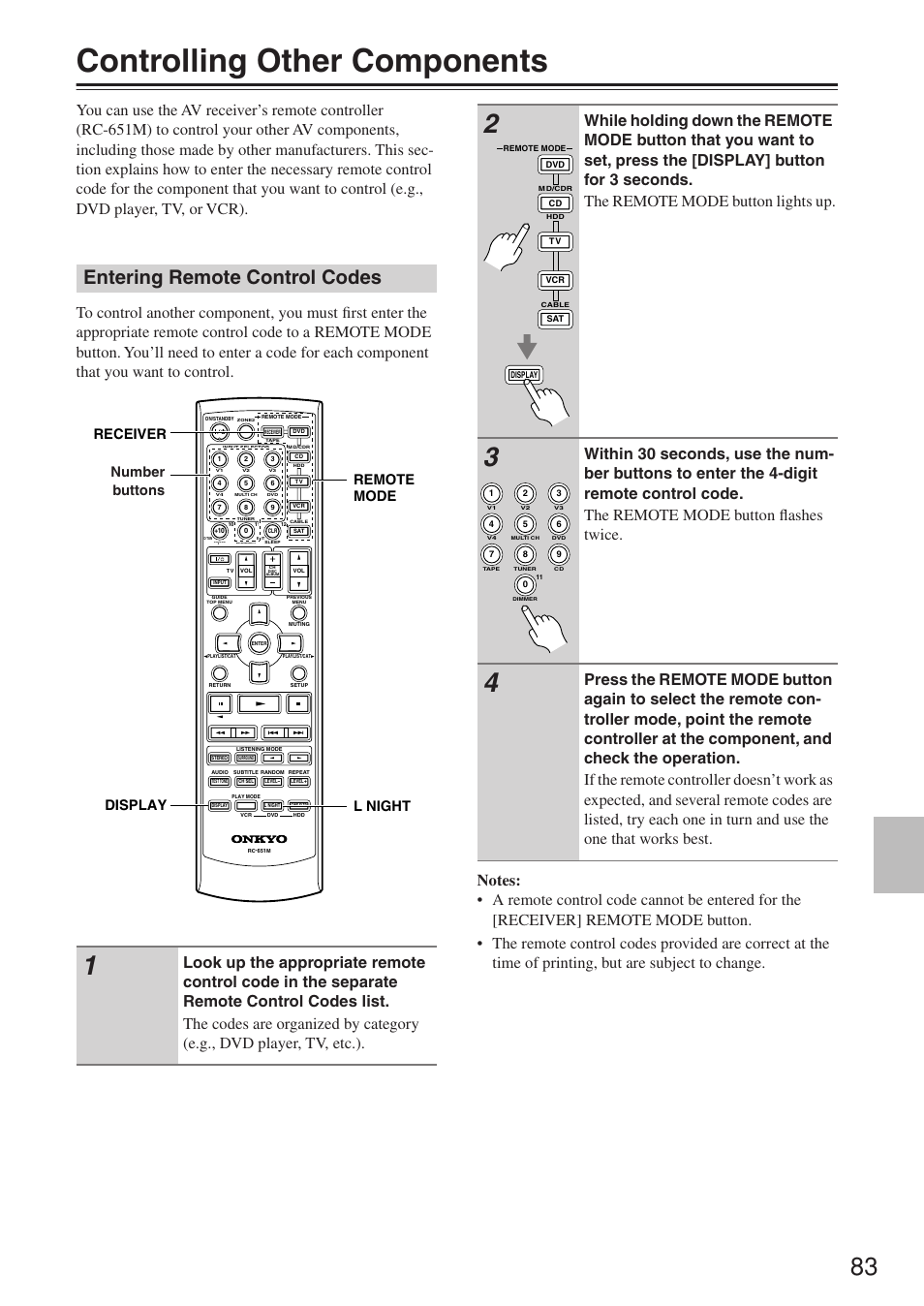 Controlling other components, Entering remote control codes | Onkyo TX-SR674/674E User Manual | Page 83 / 92