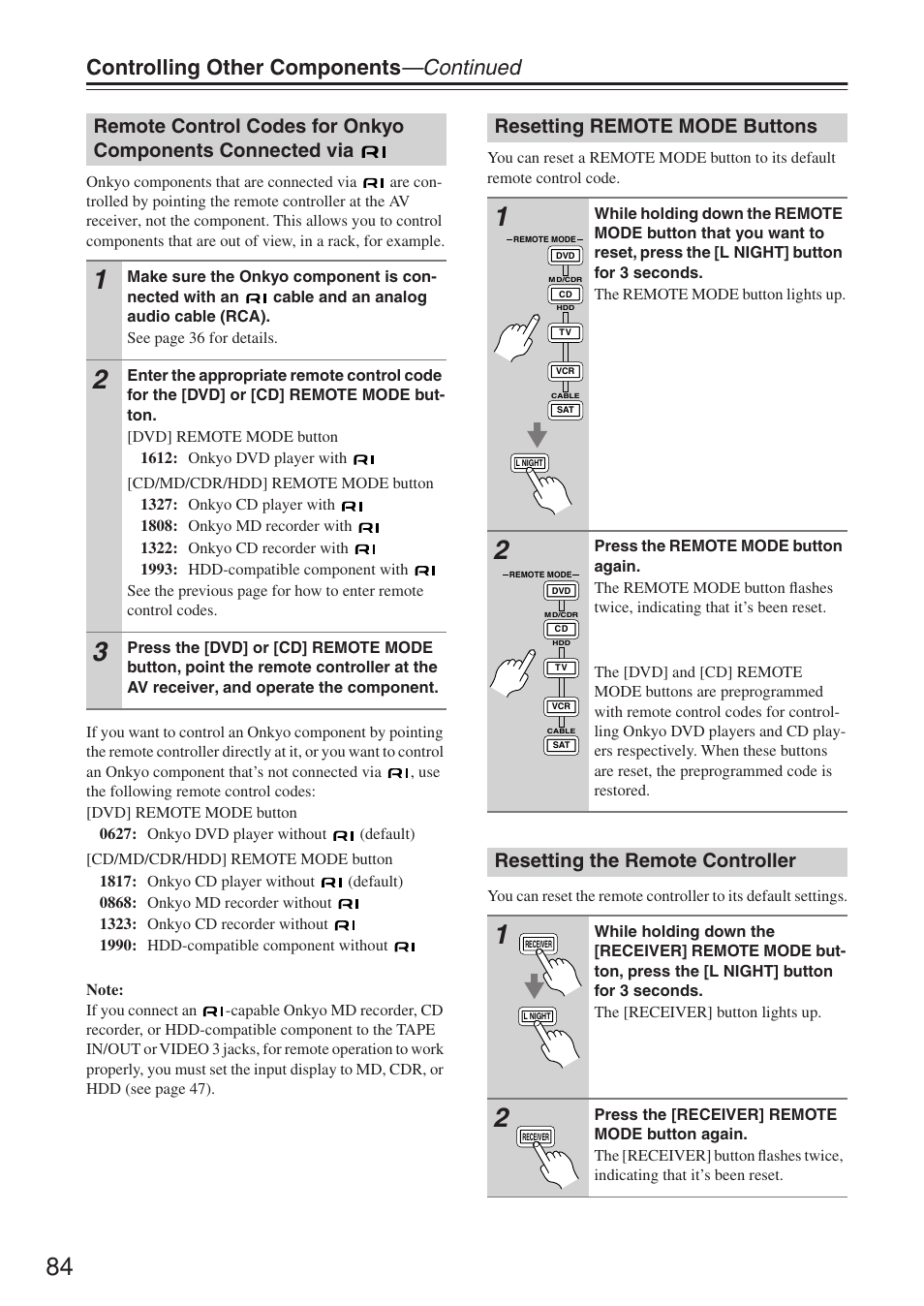 Controlling other components —continued, Resetting remote mode buttons, Resetting the remote controller | Onkyo TX-SR674/674E User Manual | Page 84 / 92