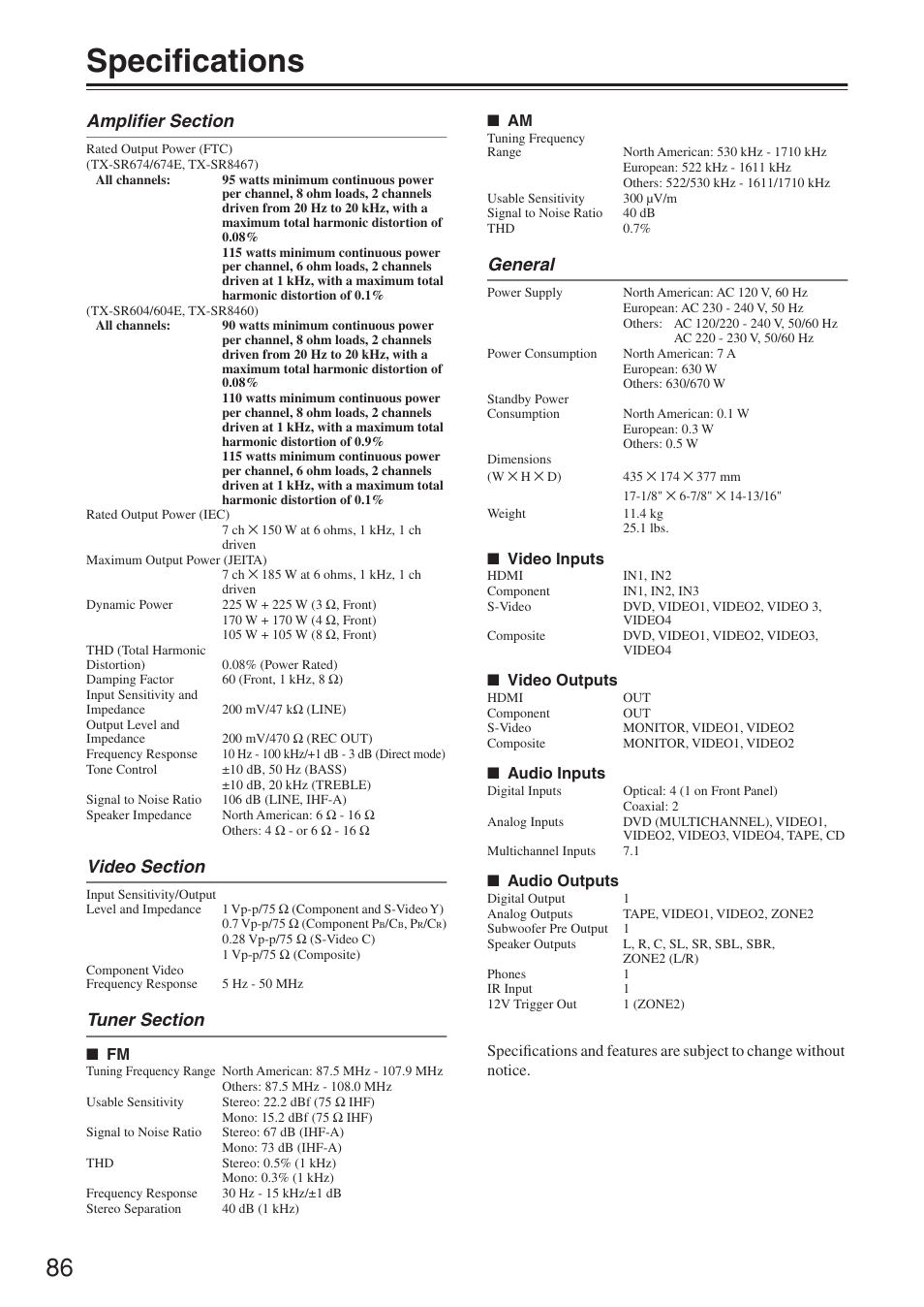 Specifications, General | Onkyo TX-SR674/674E User Manual | Page 86 / 92