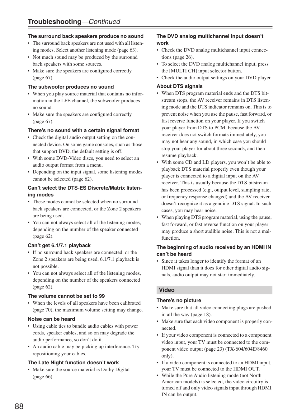 Troubleshooting —continued | Onkyo TX-SR674/674E User Manual | Page 88 / 92