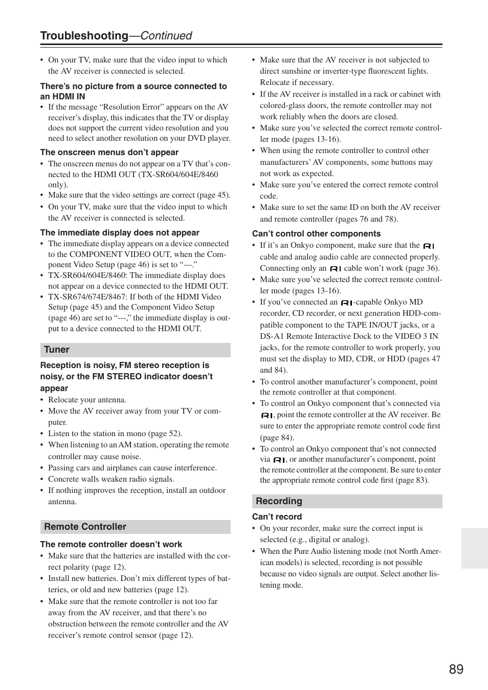 Troubleshooting —continued | Onkyo TX-SR674/674E User Manual | Page 89 / 92