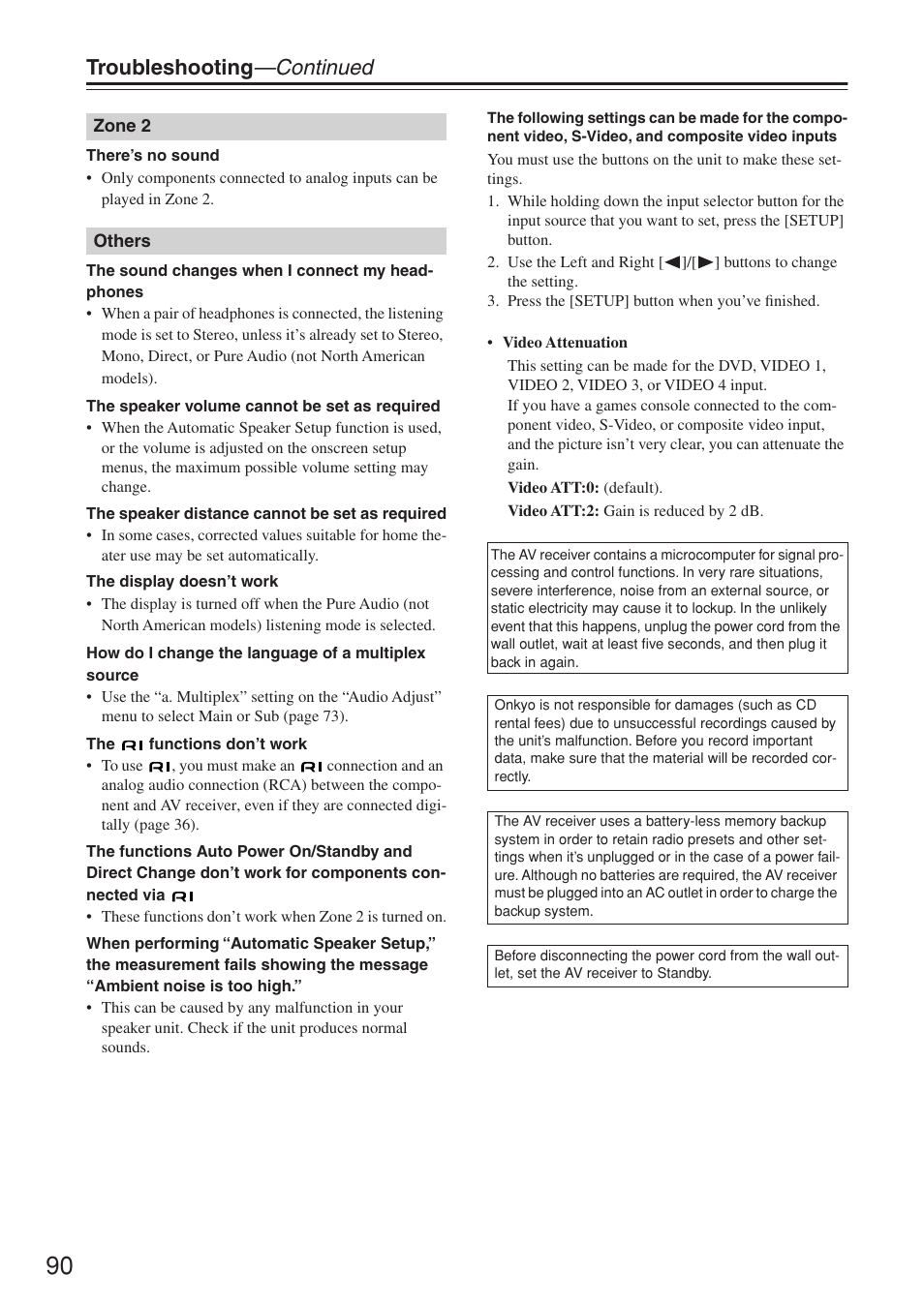 Troubleshooting —continued | Onkyo TX-SR674/674E User Manual | Page 90 / 92