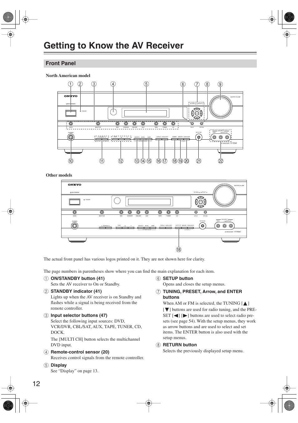 Getting to know the av receiver, Front panel, Display see “display” on page 13 | Setup button opens and closes the setup menus, Other models north american model | Onkyo HT S5100 User Manual | Page 12 / 96