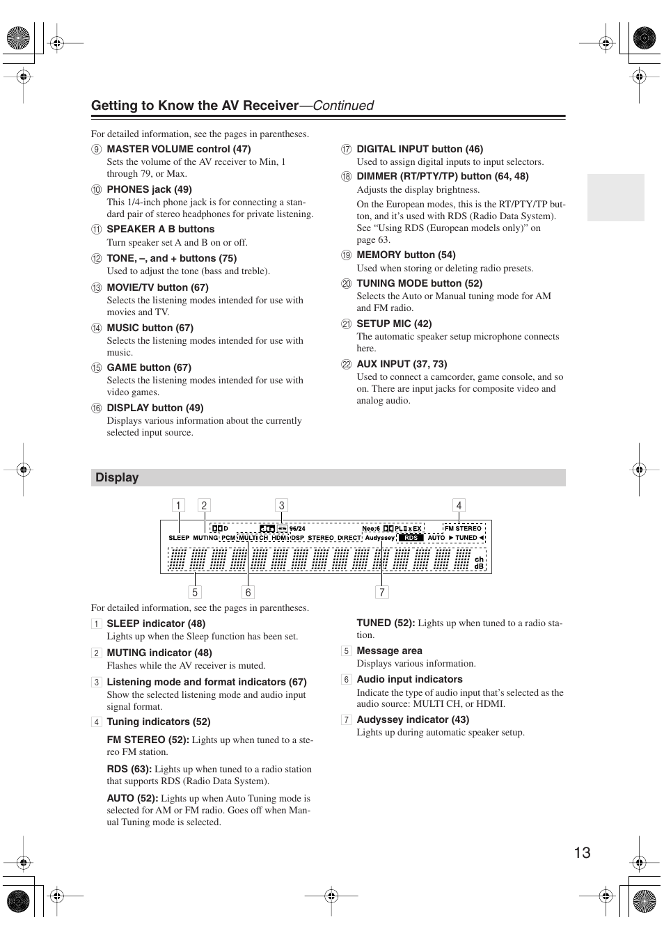 Display, Getting to know the av receiver —continued | Onkyo HT S5100 User Manual | Page 13 / 96