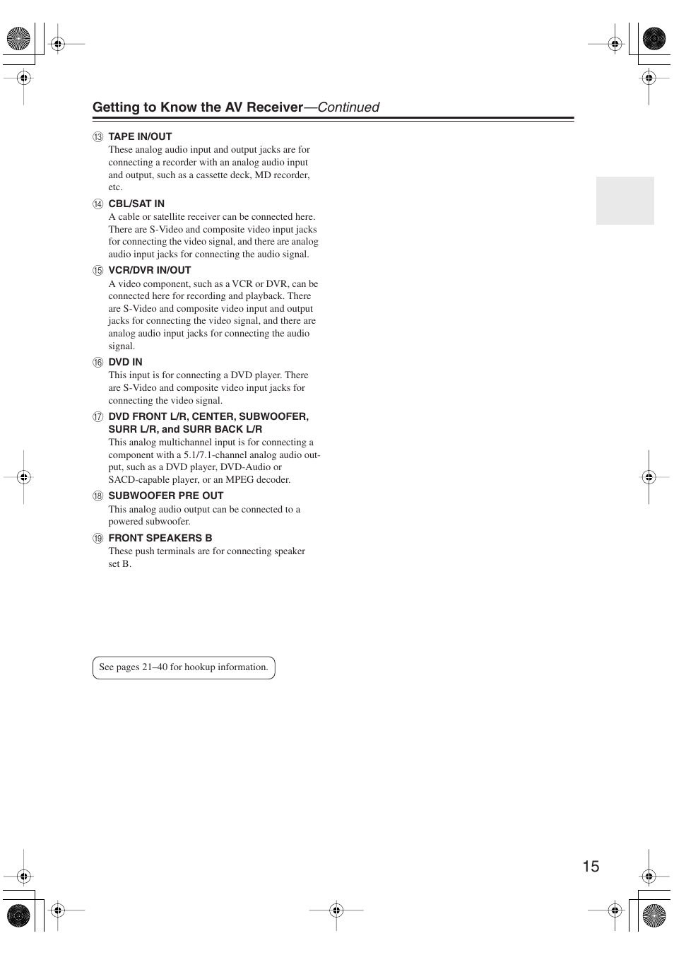 Getting to know the av receiver —continued | Onkyo HT S5100 User Manual | Page 15 / 96