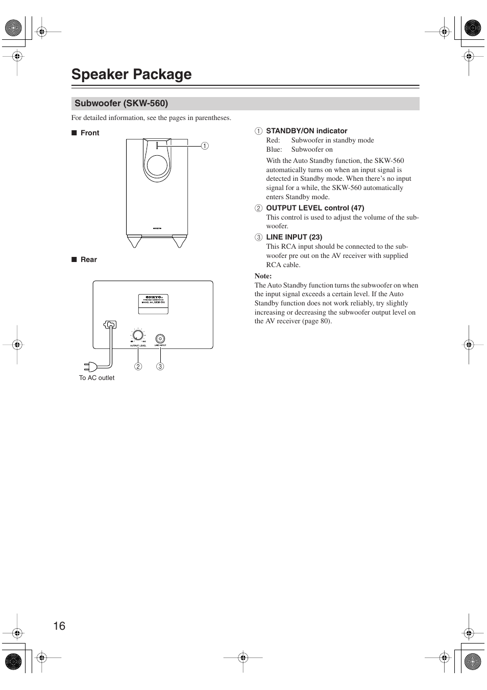 Speaker package, Subwoofer (skw-560) | Onkyo HT S5100 User Manual | Page 16 / 96