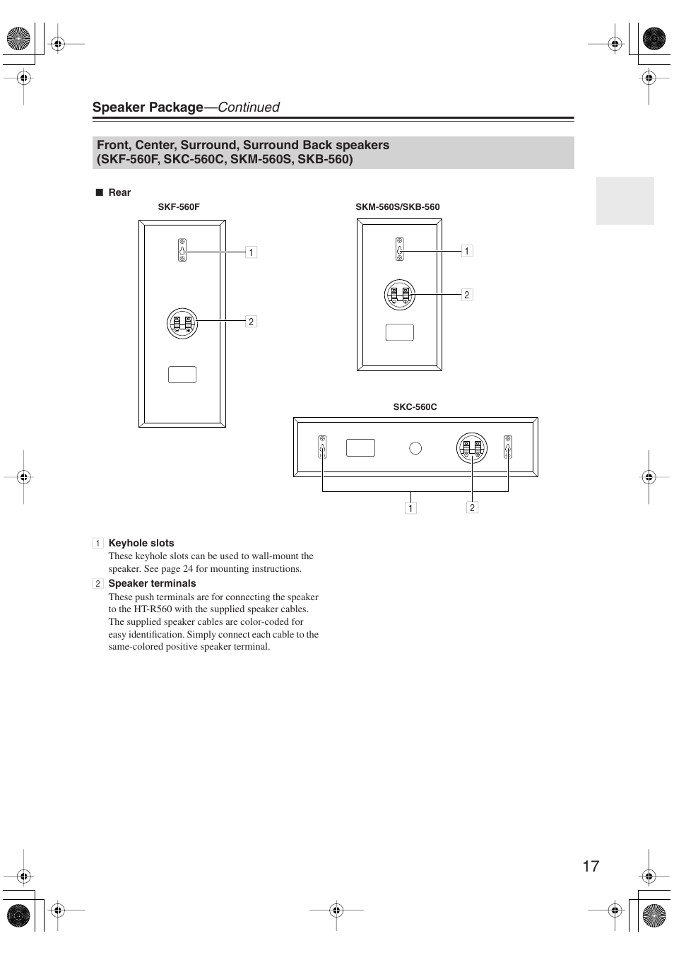 Front, center, surround, surround back speakers, Skf-560f, skc-560c, skm-560s, skb-560) | Onkyo HT S5100 User Manual | Page 17 / 96