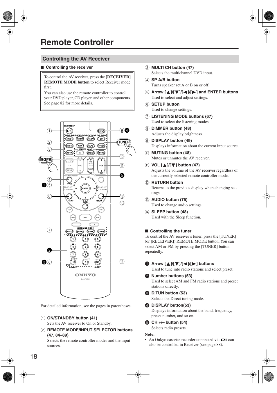 Remote controller, Controlling the av receiver | Onkyo HT S5100 User Manual | Page 18 / 96