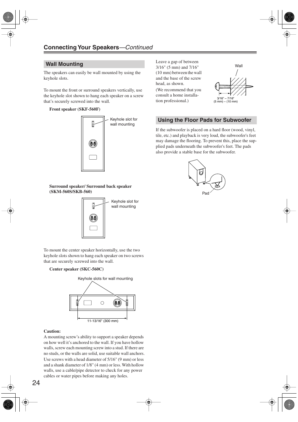 Wall mounting, Using the floor pads for subwoofer, Wall mounting using the floor pads for subwoofer | Connecting your speakers —continued | Onkyo HT S5100 User Manual | Page 24 / 96