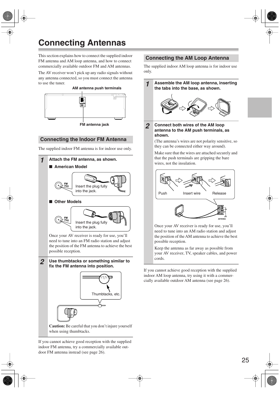 Connecting antennas, Connecting the indoor fm antenna, Connecting the am loop antenna | Onkyo HT S5100 User Manual | Page 25 / 96