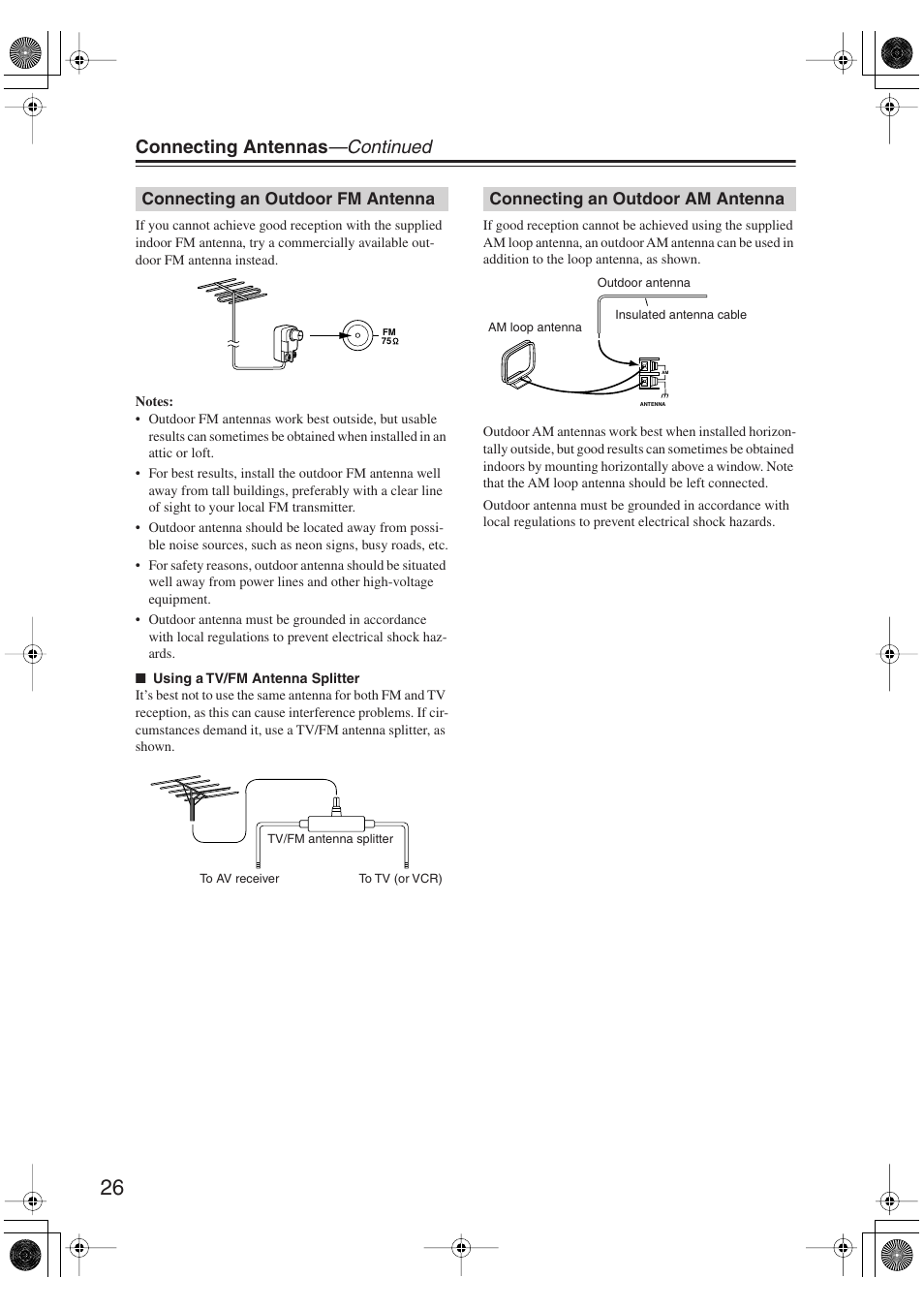 Connecting an outdoor fm antenna, Connecting an outdoor am antenna, Connecting antennas —continued | Onkyo HT S5100 User Manual | Page 26 / 96