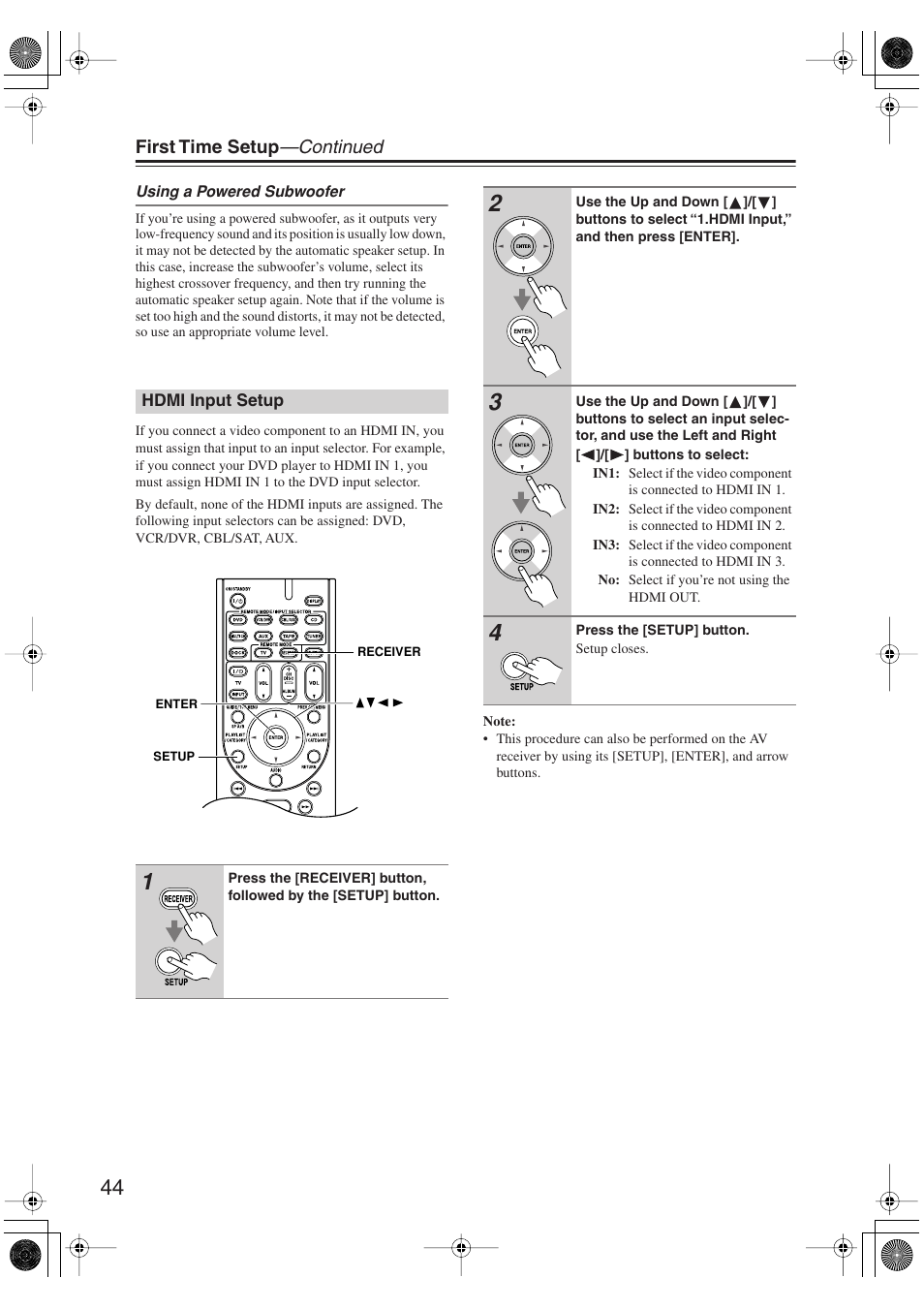 Hdmi input setup | Onkyo HT S5100 User Manual | Page 44 / 96