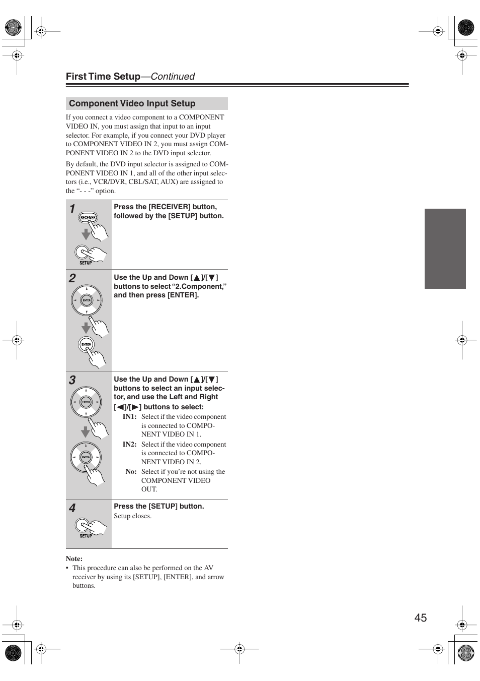 Component video input setup | Onkyo HT S5100 User Manual | Page 45 / 96