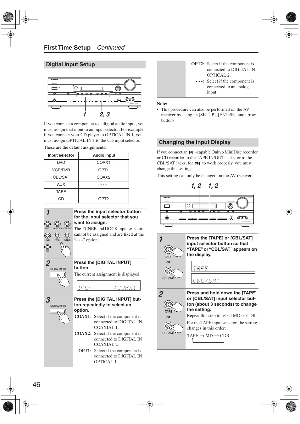 Digital input setup, Changing the input display, Digital input setup changing the input display | Utton (46), First time setup —continued | Onkyo HT S5100 User Manual | Page 46 / 96