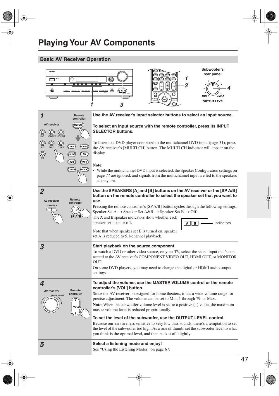Playing your av components, Basic av receiver operation, Uttons (47) | Ol (47), Utton (47) | Onkyo HT S5100 User Manual | Page 47 / 96