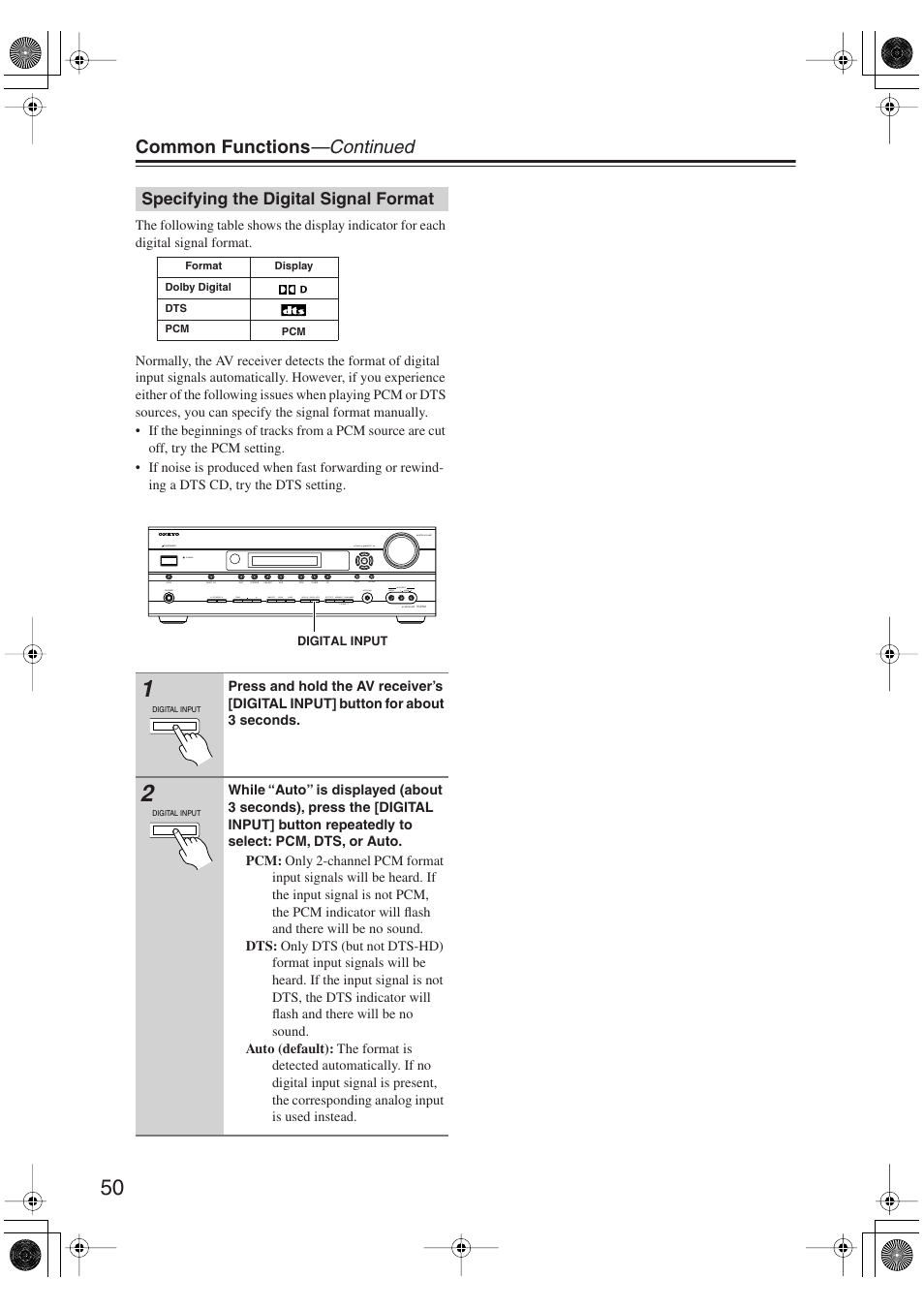 Specifying the digital signal format, Common functions —continued | Onkyo HT S5100 User Manual | Page 50 / 96