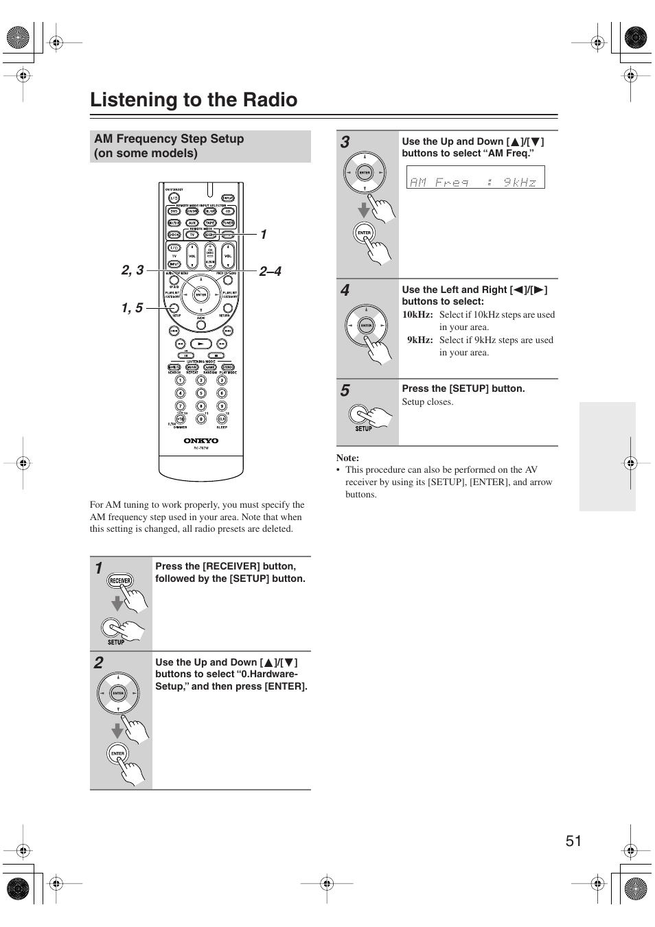 Listening to the radio, Am frequency step setup (on some models), Using the tuner | Am frequency step setup, On some models) | Onkyo HT S5100 User Manual | Page 51 / 96