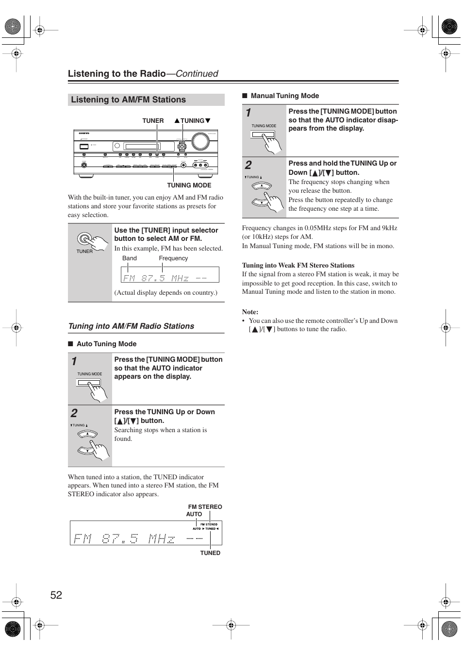 Listening to am/fm stations, Utton (52), S (52) | Fm stereo (52), Tuned (52), Listening to the radio —continued | Onkyo HT S5100 User Manual | Page 52 / 96