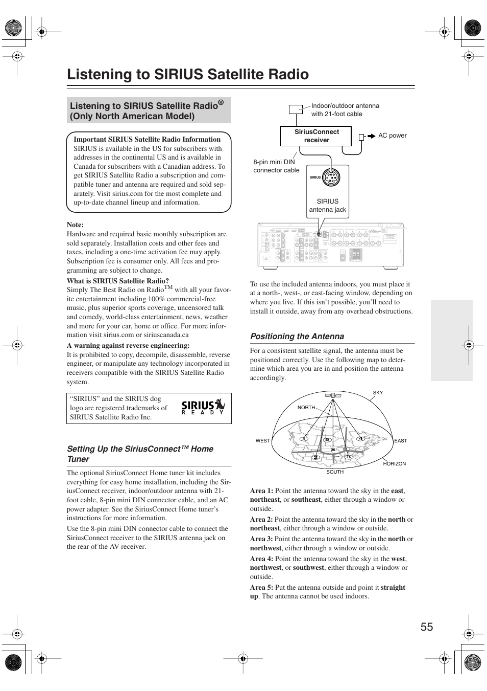 Listening to sirius satellite radio, Sirius satellite radio, Only north american model) | Onkyo HT S5100 User Manual | Page 55 / 96