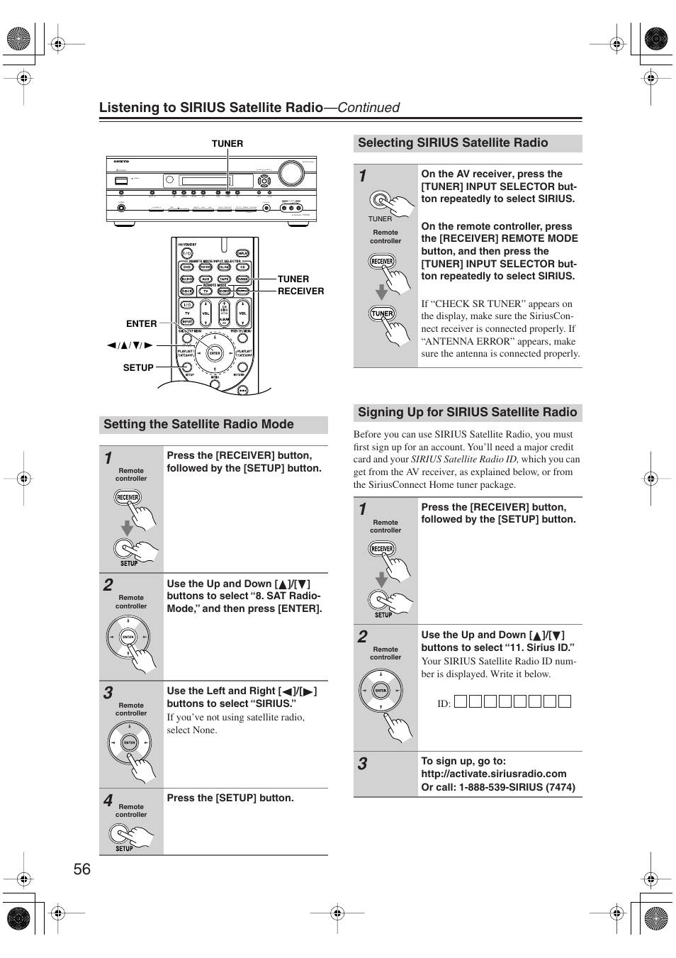 Setting the satellite radio mode, Selecting sirius satellite radio, Signing up for sirius satellite radio | Listening to sirius satellite radio —continued | Onkyo HT S5100 User Manual | Page 56 / 96