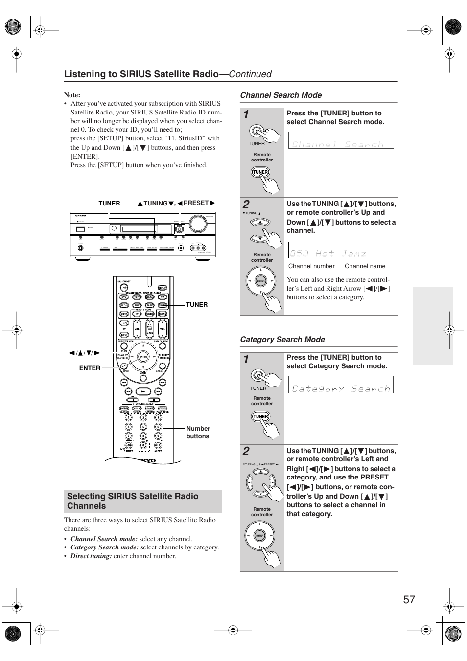 Selecting sirius satellite radio channels, Listening to sirius satellite radio —continued | Onkyo HT S5100 User Manual | Page 57 / 96