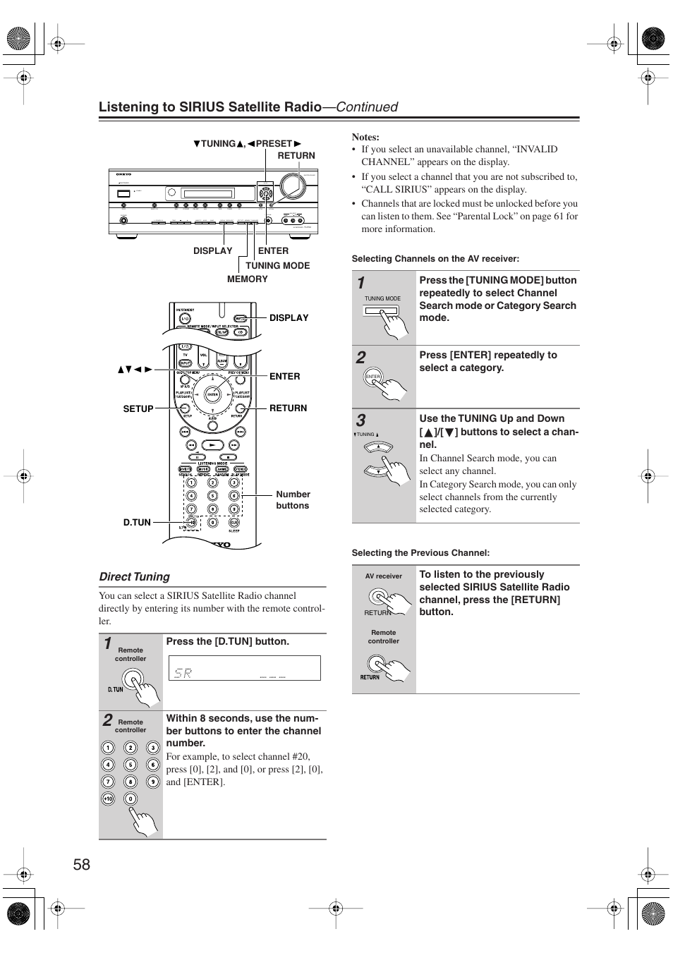 Listening to sirius satellite radio —continued | Onkyo HT S5100 User Manual | Page 58 / 96