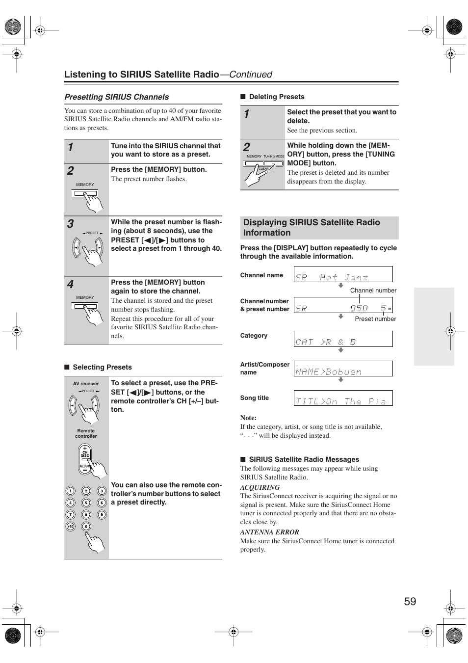 Displaying sirius satellite radio information, Listening to sirius satellite radio —continued | Onkyo HT S5100 User Manual | Page 59 / 96