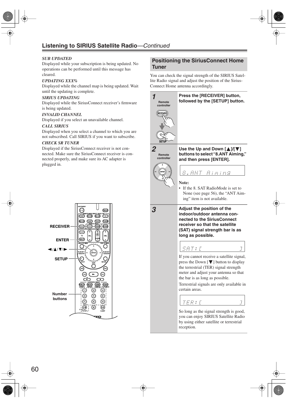 Positioning the siriusconnect home tuner, Listening to sirius satellite radio —continued | Onkyo HT S5100 User Manual | Page 60 / 96