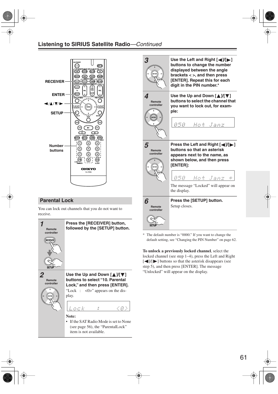 Parental lock, Listening to sirius satellite radio —continued | Onkyo HT S5100 User Manual | Page 61 / 96