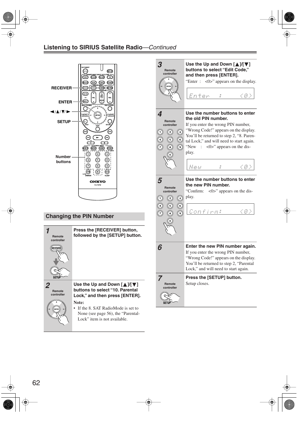 Changing the pin number, Listening to sirius satellite radio —continued | Onkyo HT S5100 User Manual | Page 62 / 96