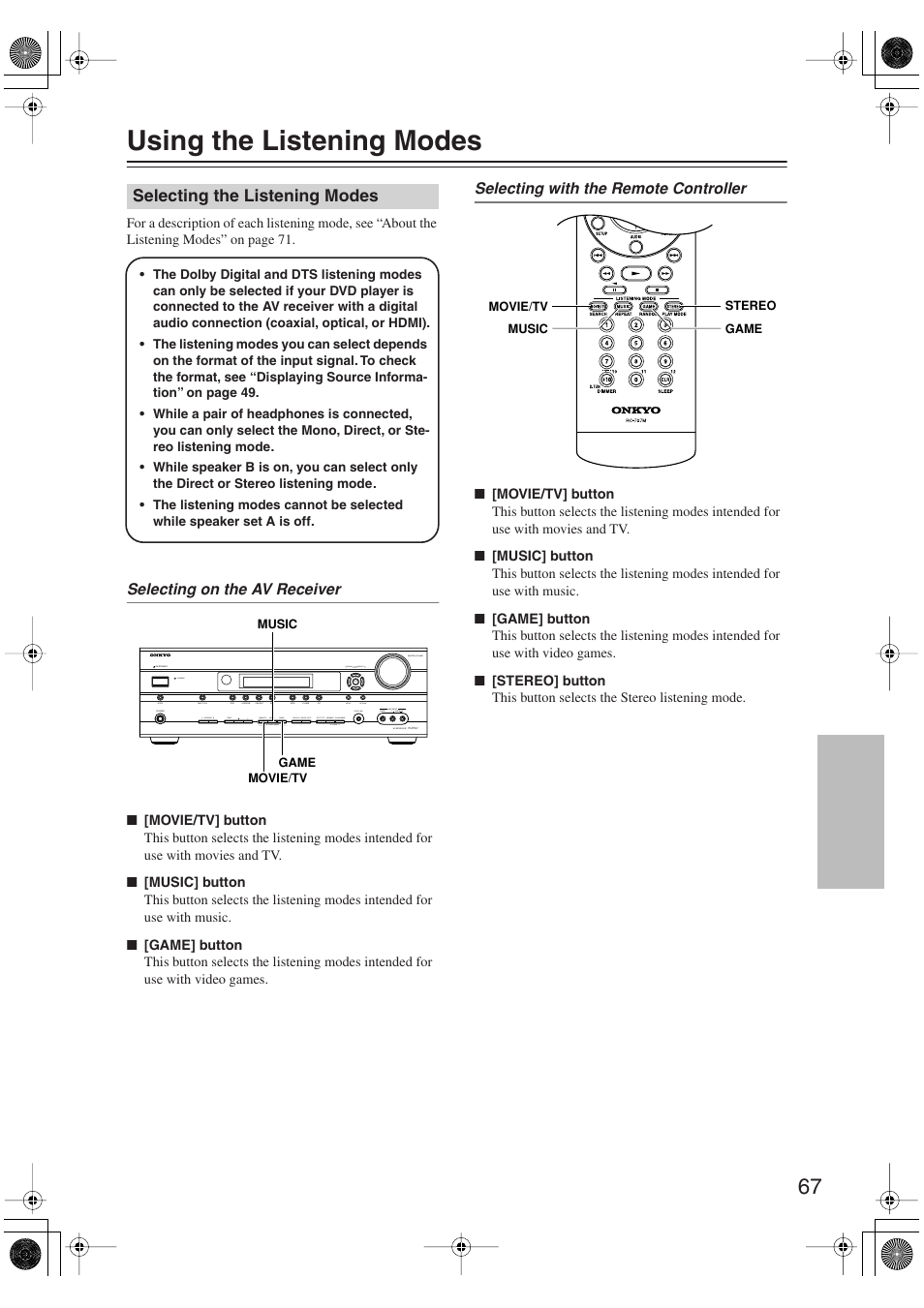 Using the listening modes, Selecting the listening modes, Enjoying the listening modes | Utton (67), S (67), Uttons (67) | Onkyo HT S5100 User Manual | Page 67 / 96