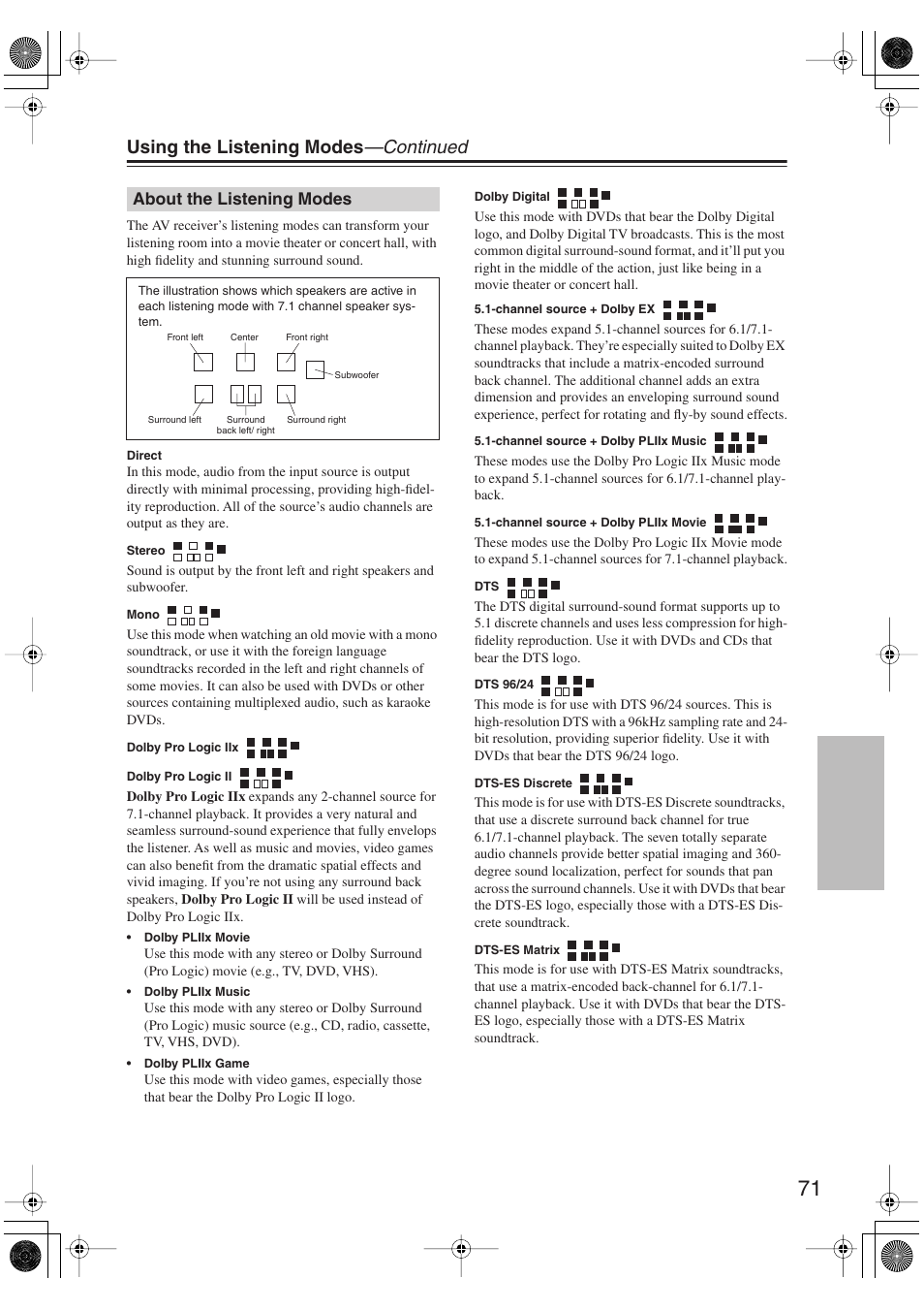 About the listening modes, Using the listening modes —continued | Onkyo HT S5100 User Manual | Page 71 / 96