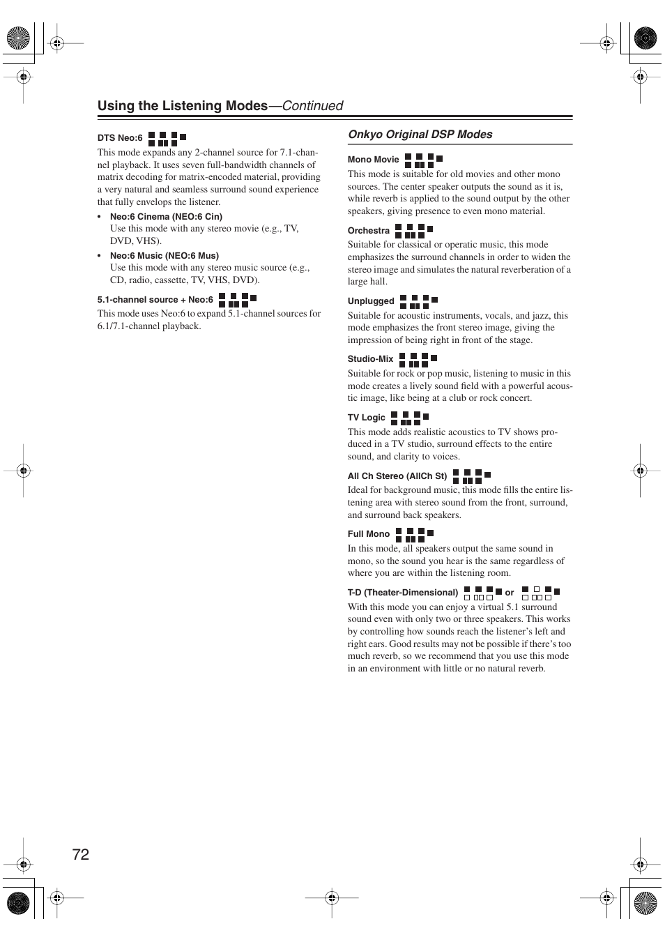 Using the listening modes —continued | Onkyo HT S5100 User Manual | Page 72 / 96