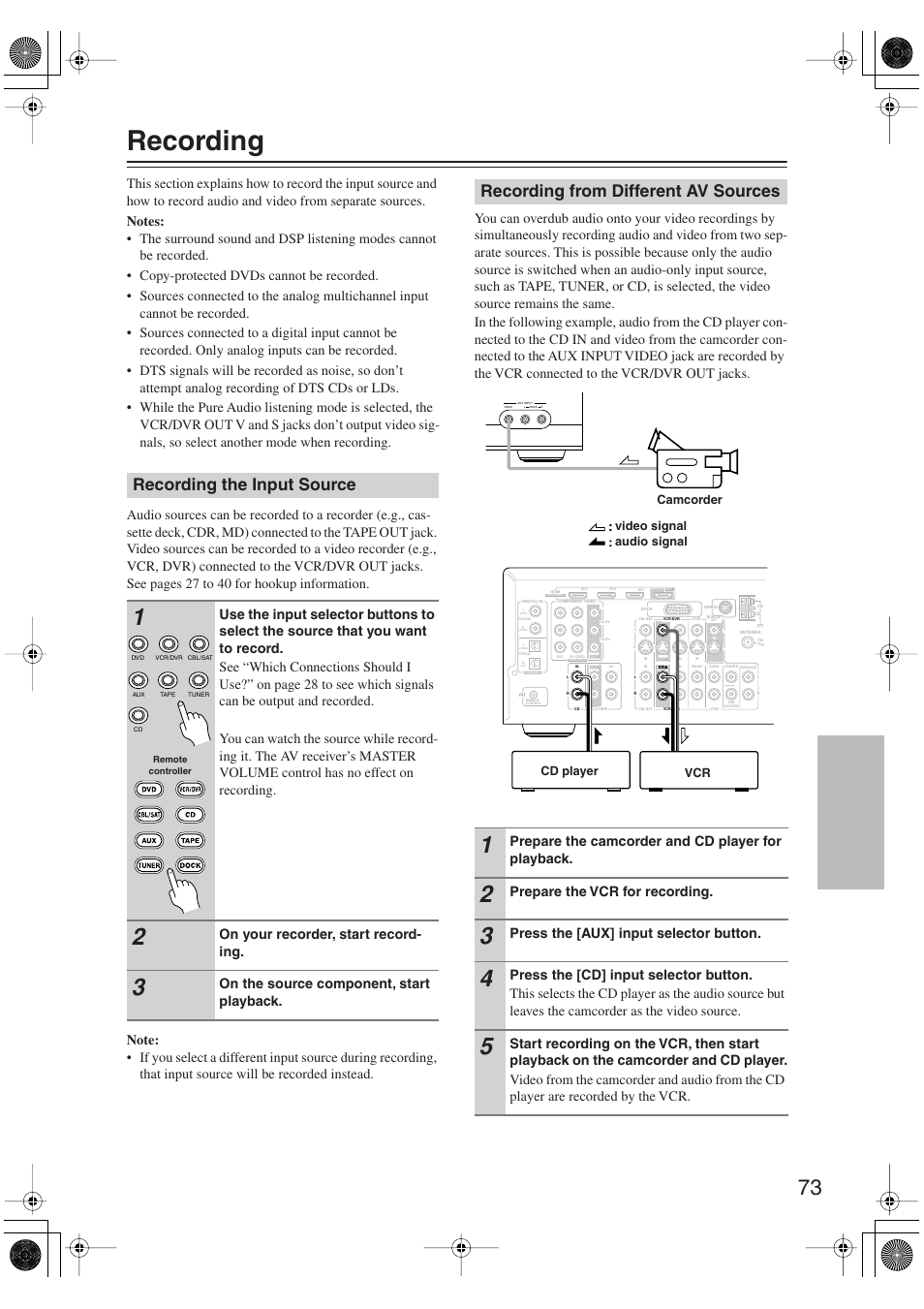 Recording, Recording the input source, Recording from different av sources | On your recorder, start record- ing, On the source component, start playback, Prepare the camcorder and cd player for playback, Prepare the vcr for recording, Press the [aux] input selector button | Onkyo HT S5100 User Manual | Page 73 / 96
