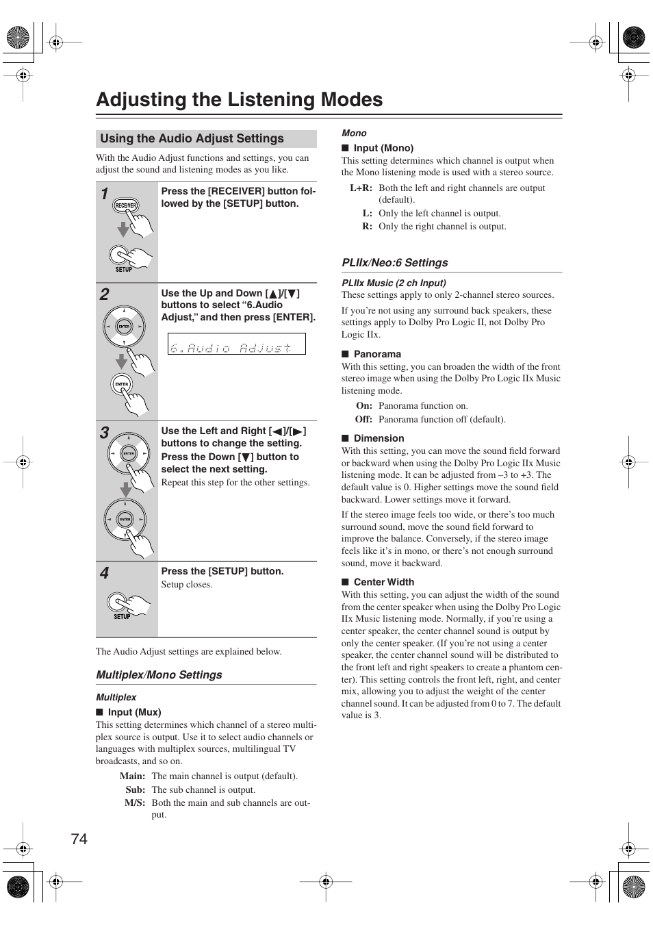 Adjusting the listening modes, Using the audio adjust settings, Advanced operation | Onkyo HT S5100 User Manual | Page 74 / 96