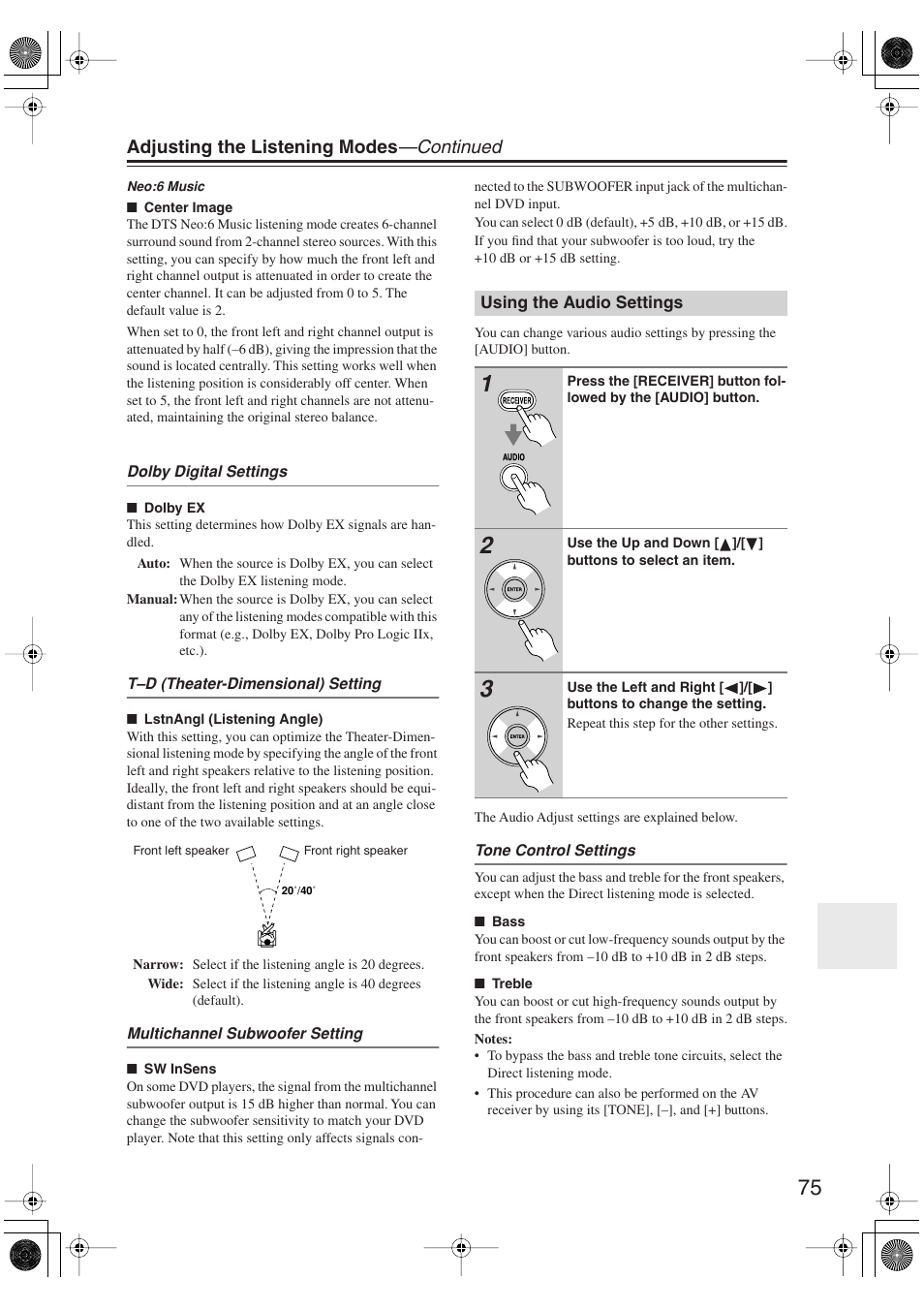 Using the audio settings, Uttons (75), Utton (75) | Adjusting the listening modes —continued | Onkyo HT S5100 User Manual | Page 75 / 96