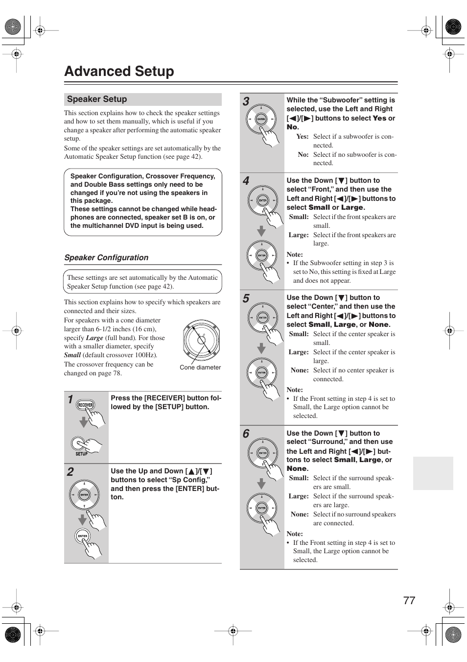 Advanced setup, Speaker setup | Onkyo HT S5100 User Manual | Page 77 / 96